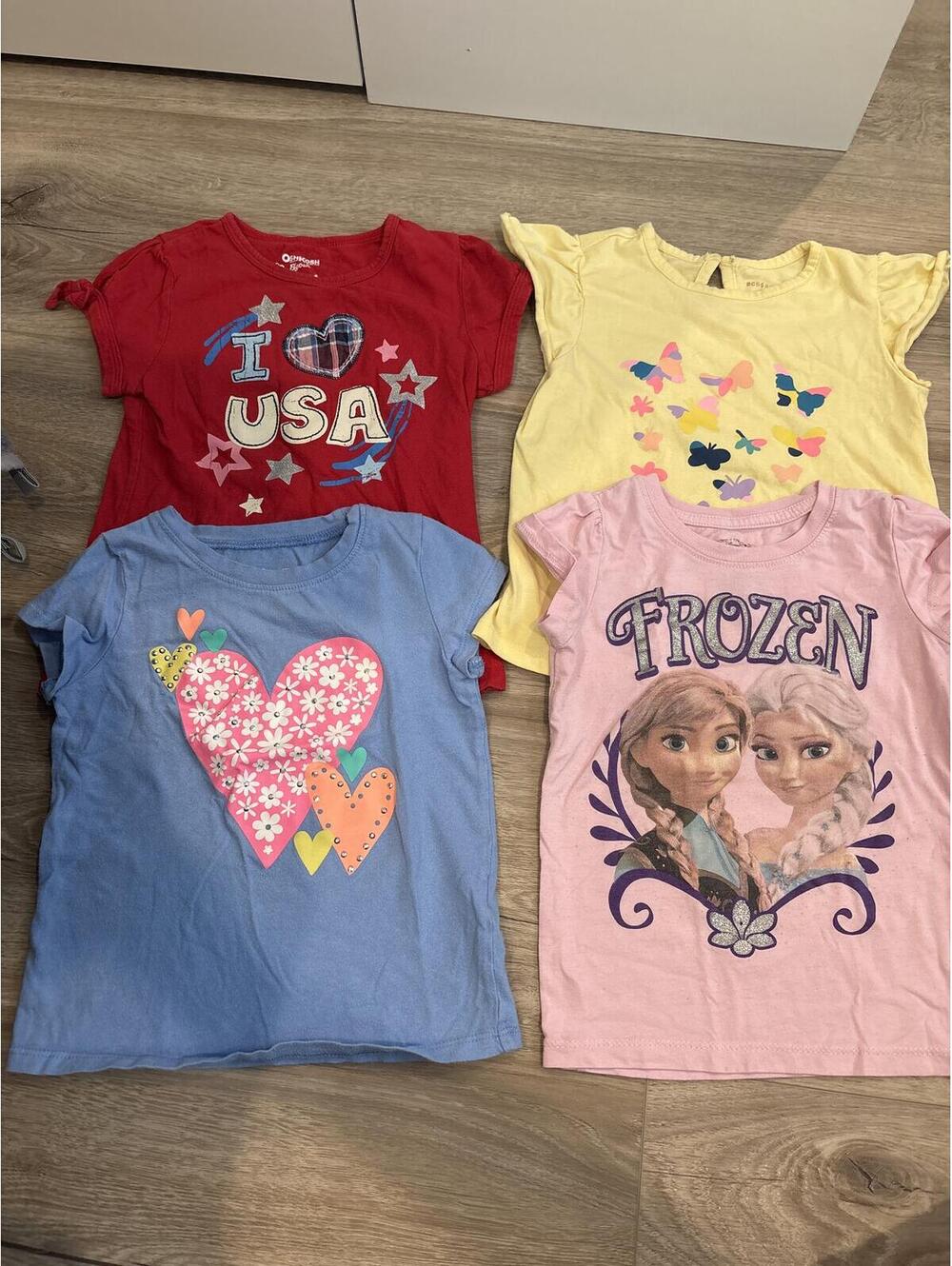 Girls' 4-Pack T-Shirts Featuring Frozen, Hearts, Butterflies, and USA Designs